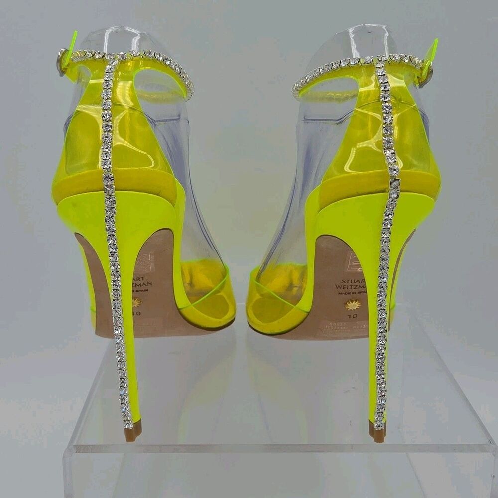 Stuart Weitzman Glam 100 Neon Yellow PVC Crystal Strap Pump Heel Size 10 EU 40.5 - Picture 6 of 8
